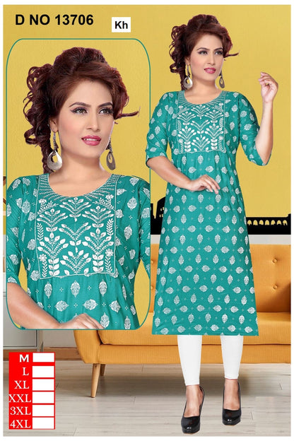Design 13703-13707 Kh Reyon Straight Cut Kurtis Supplier