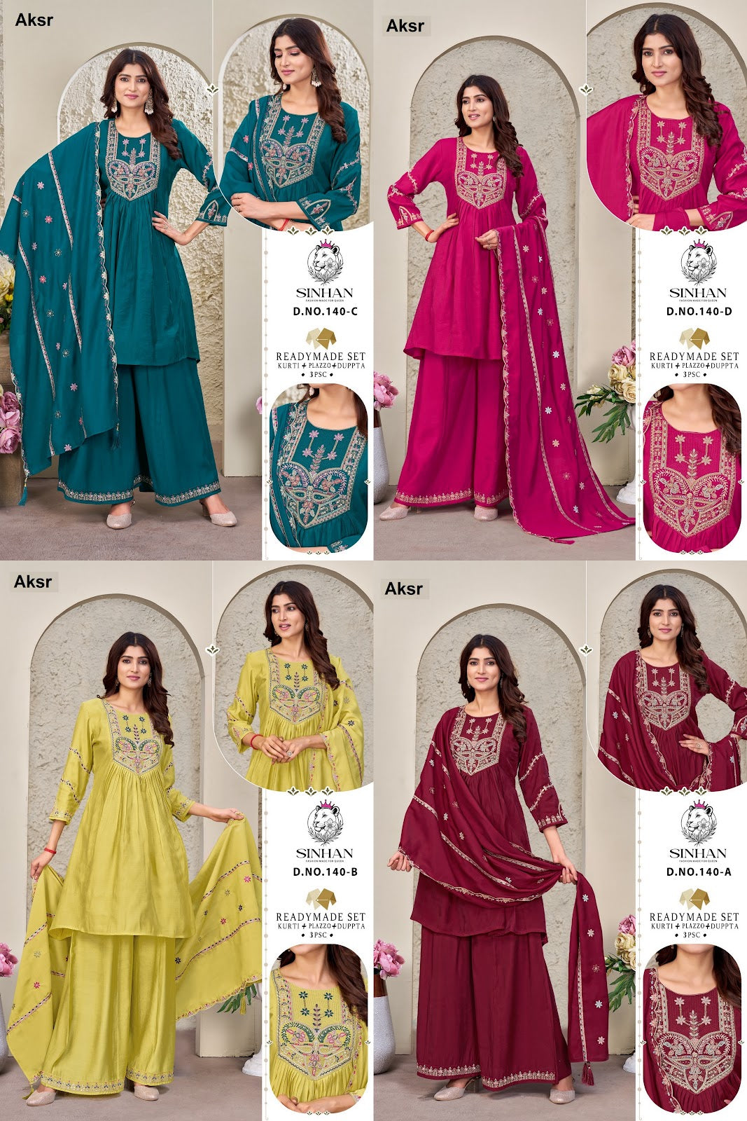 Design 140 Sinhan Aksr Mul Chanderi Readymade Plazzo Style Suits Wholesaler