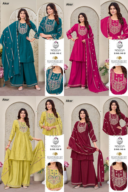 Design 140 Sinhan Aksr Mul Chanderi Readymade Plazzo Style Suits Wholesaler