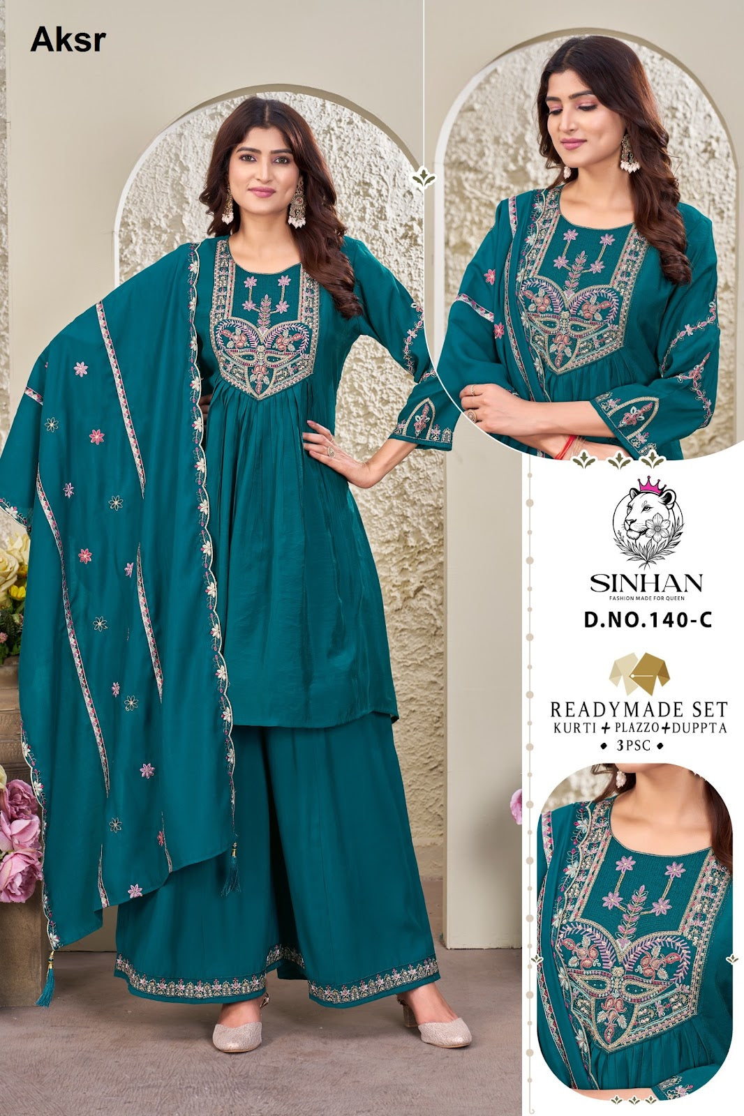 Design 140 Sinhan Aksr Mul Chanderi Readymade Plazzo Style Suits Wholesaler