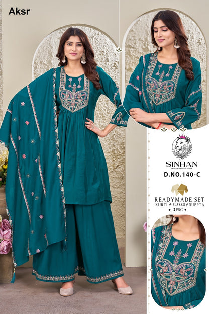 Design 140 Sinhan Aksr Mul Chanderi Readymade Plazzo Style Suits Wholesaler
