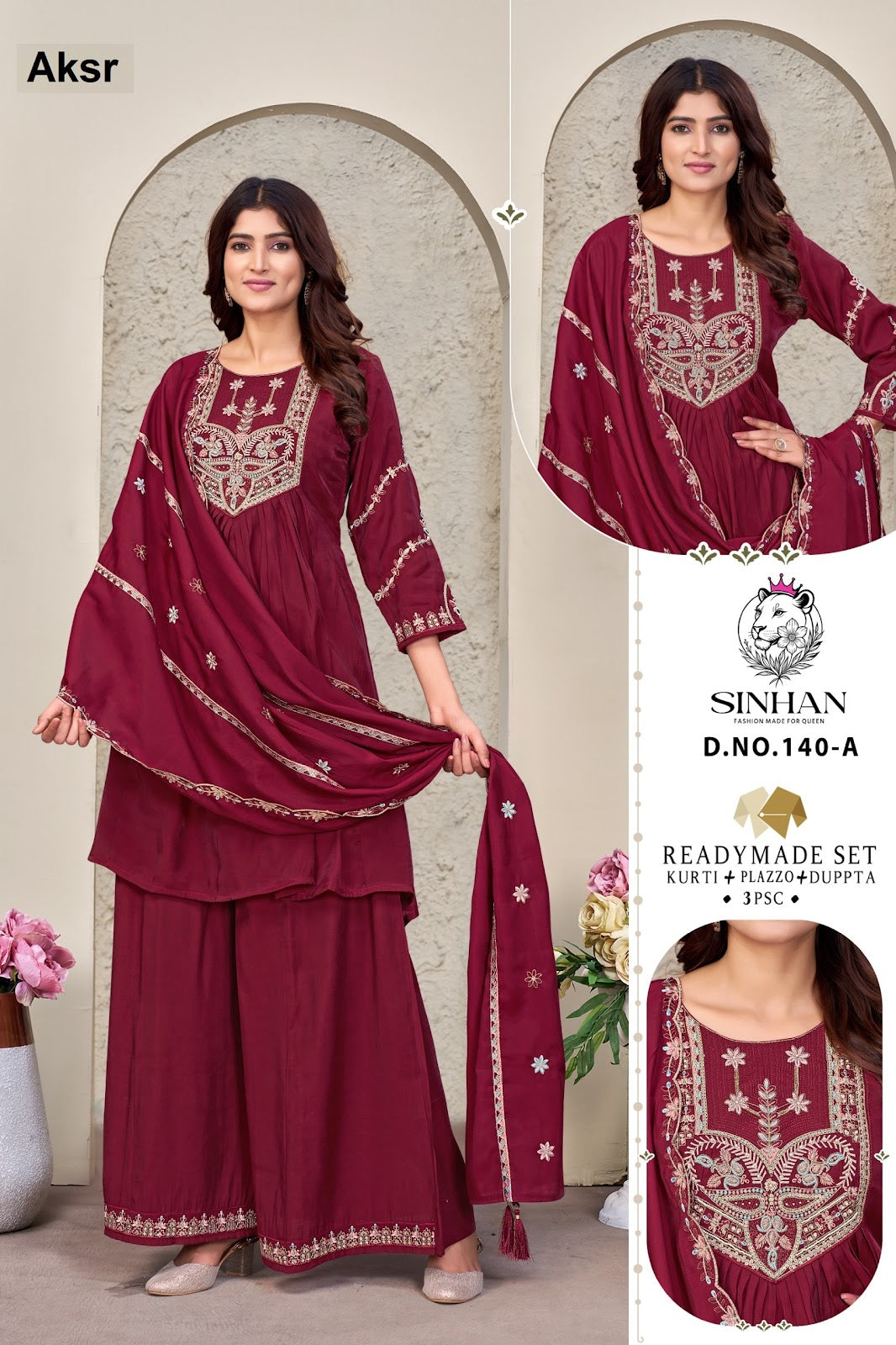 Design 140 Sinhan Aksr Mul Chanderi Readymade Plazzo Style Suits Wholesaler