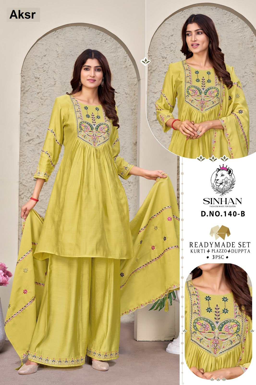 Design 140 Sinhan Aksr Mul Chanderi Readymade Plazzo Style Suits Wholesaler