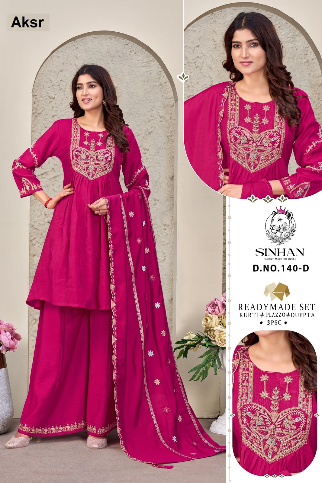 Design 140 Sinhan Aksr Mul Chanderi Readymade Plazzo Style Suits Wholesaler