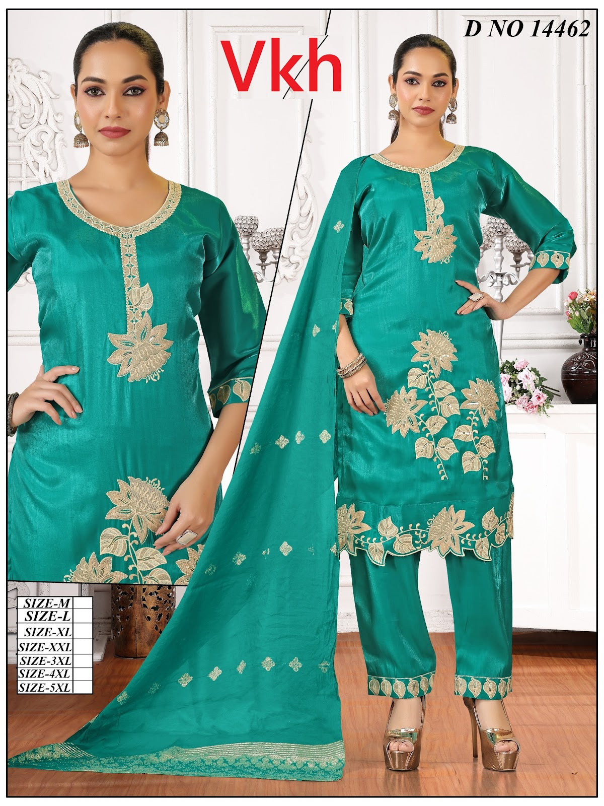 Design 14461-14466 Vkh Roman Silk Readymade Pant Style Suits Wholesaler Gujarat