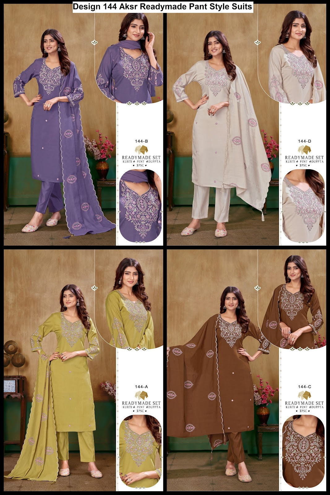 Design 144 Aksr Roman Silk Readymade Pant Style Suits Wholesaler