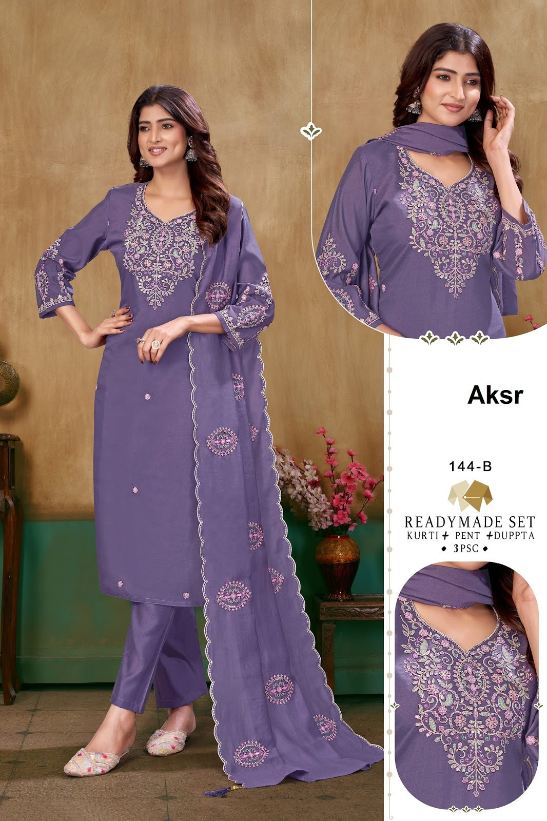 Design 144 Aksr Roman Silk Readymade Pant Style Suits Wholesaler