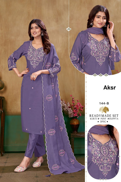 Design 144 Aksr Roman Silk Readymade Pant Style Suits Wholesaler