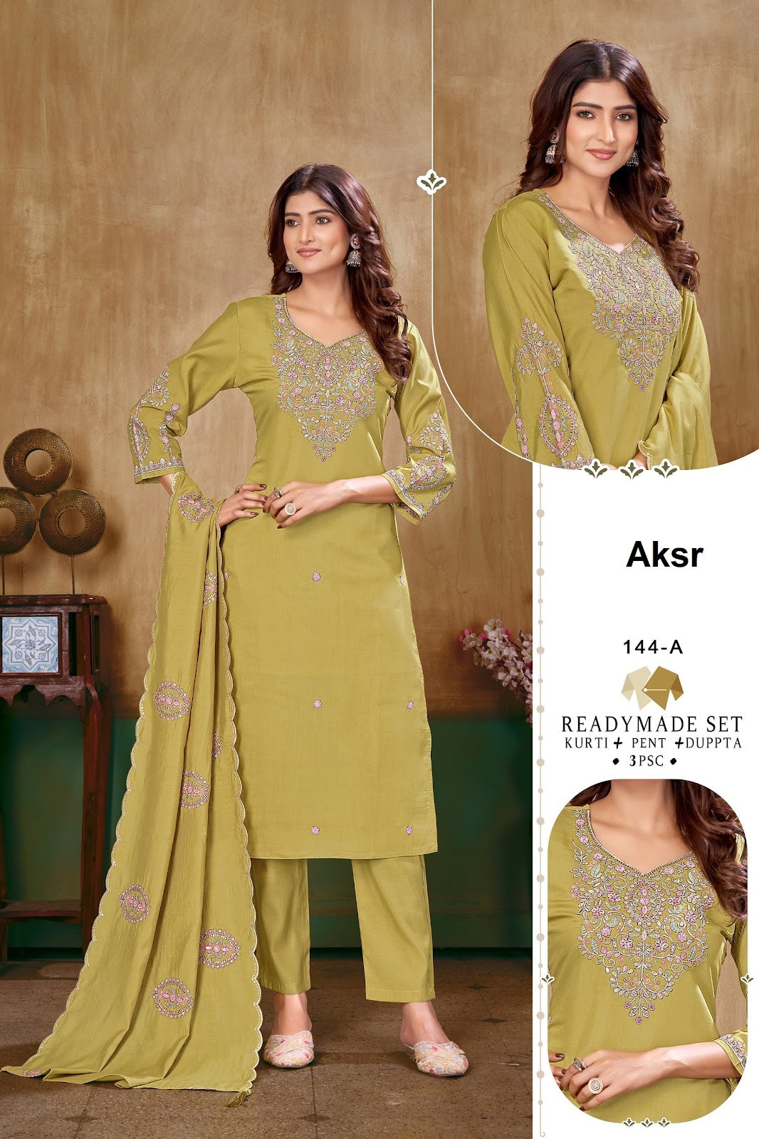 Design 144 Aksr Roman Silk Readymade Pant Style Suits Wholesaler