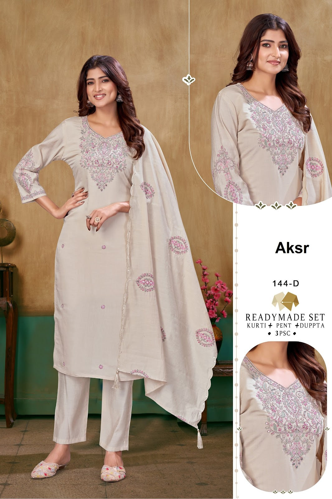 Design 144 Aksr Roman Silk Readymade Pant Style Suits Wholesaler