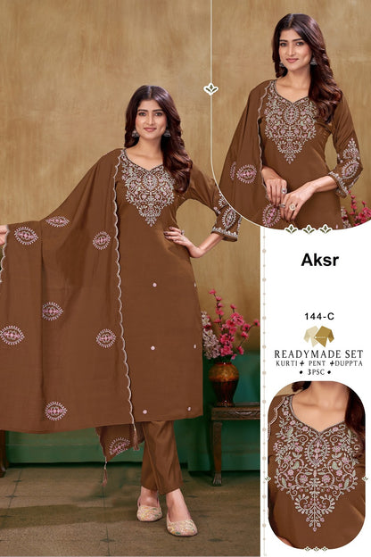Design 144 Aksr Roman Silk Readymade Pant Style Suits Wholesaler