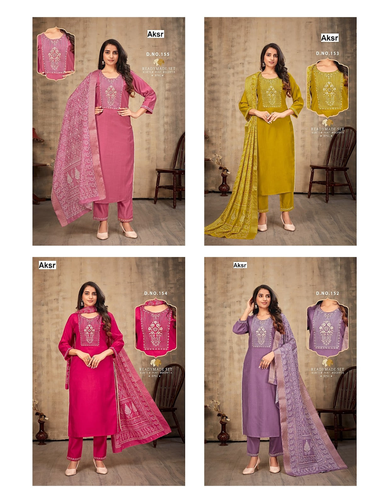 Design 152-155 Aksr Vertican Readymade Pant Style Suits Manufacturer Ahmedabad