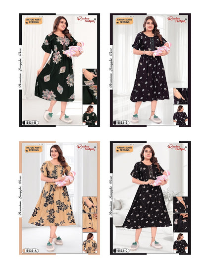 Design 15531-15534 Ruchee Fashion Rayon Feeding Kurtis Exporter Gujarat