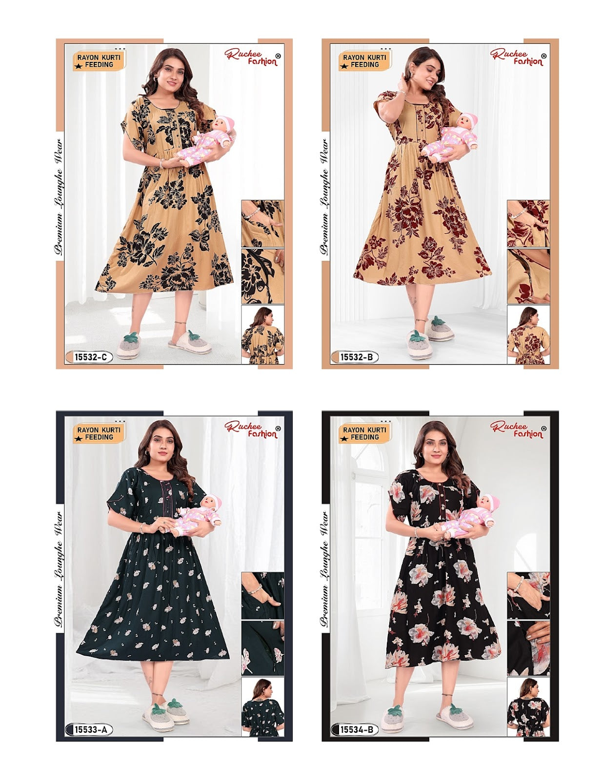 Design 15531-15534 Ruchee Fashion Rayon Feeding Kurtis Exporter Gujarat