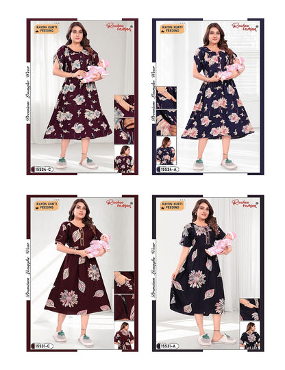 Design 15531-15534 Ruchee Fashion Rayon Feeding Kurtis Exporter Gujarat