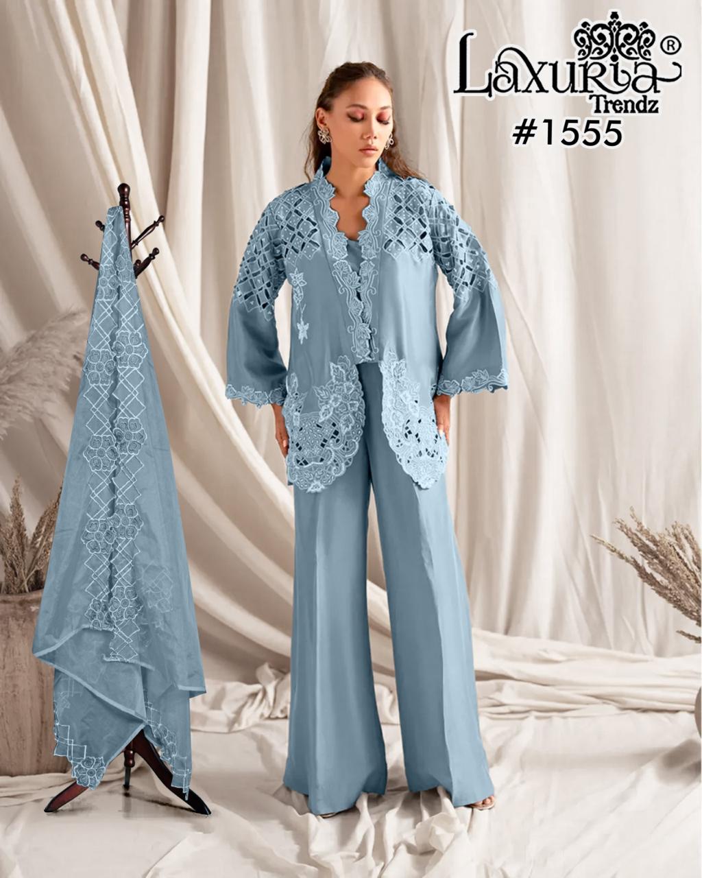 Design 1555 Laxuria Trendz Roman Simmer Pakistani Readymade Suits Supplier India