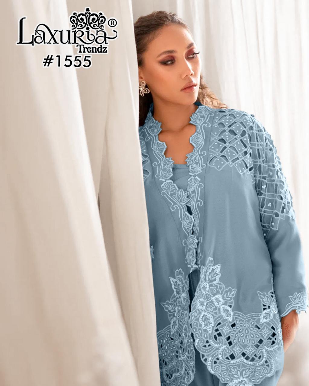 Design 1555 Laxuria Trendz Roman Simmer Pakistani Readymade Suits Supplier India
