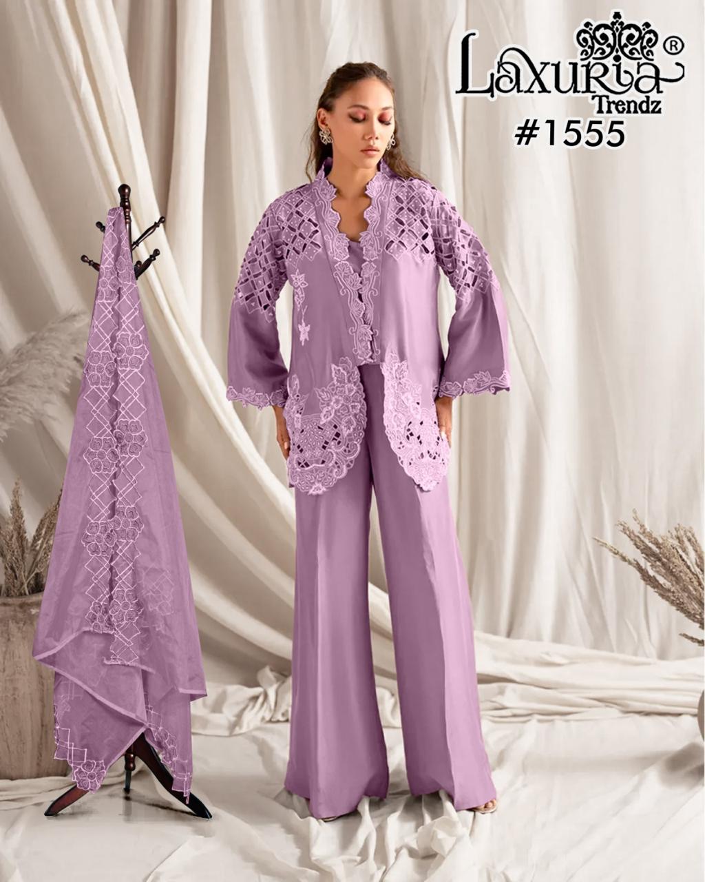 Design 1555 Laxuria Trendz Roman Simmer Pakistani Readymade Suits Supplier India