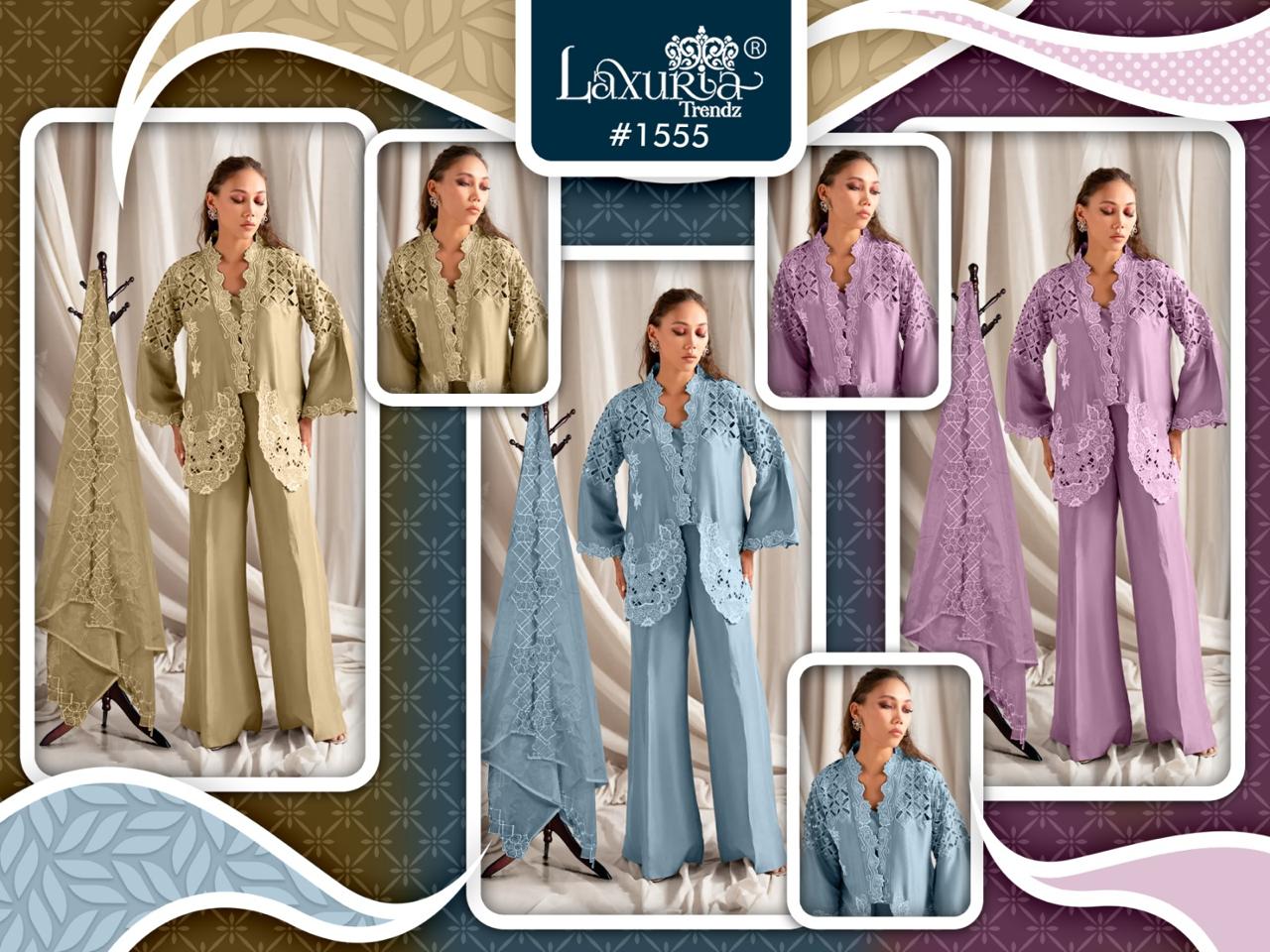 Design 1555 Laxuria Trendz Roman Simmer Pakistani Readymade Suits Supplier India