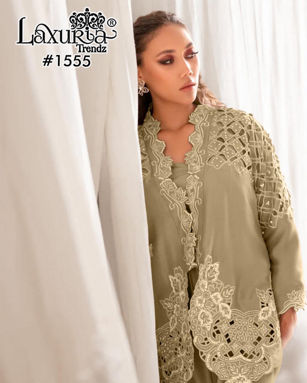 Design 1555 Laxuria Trendz Roman Simmer Pakistani Readymade Suits Supplier India