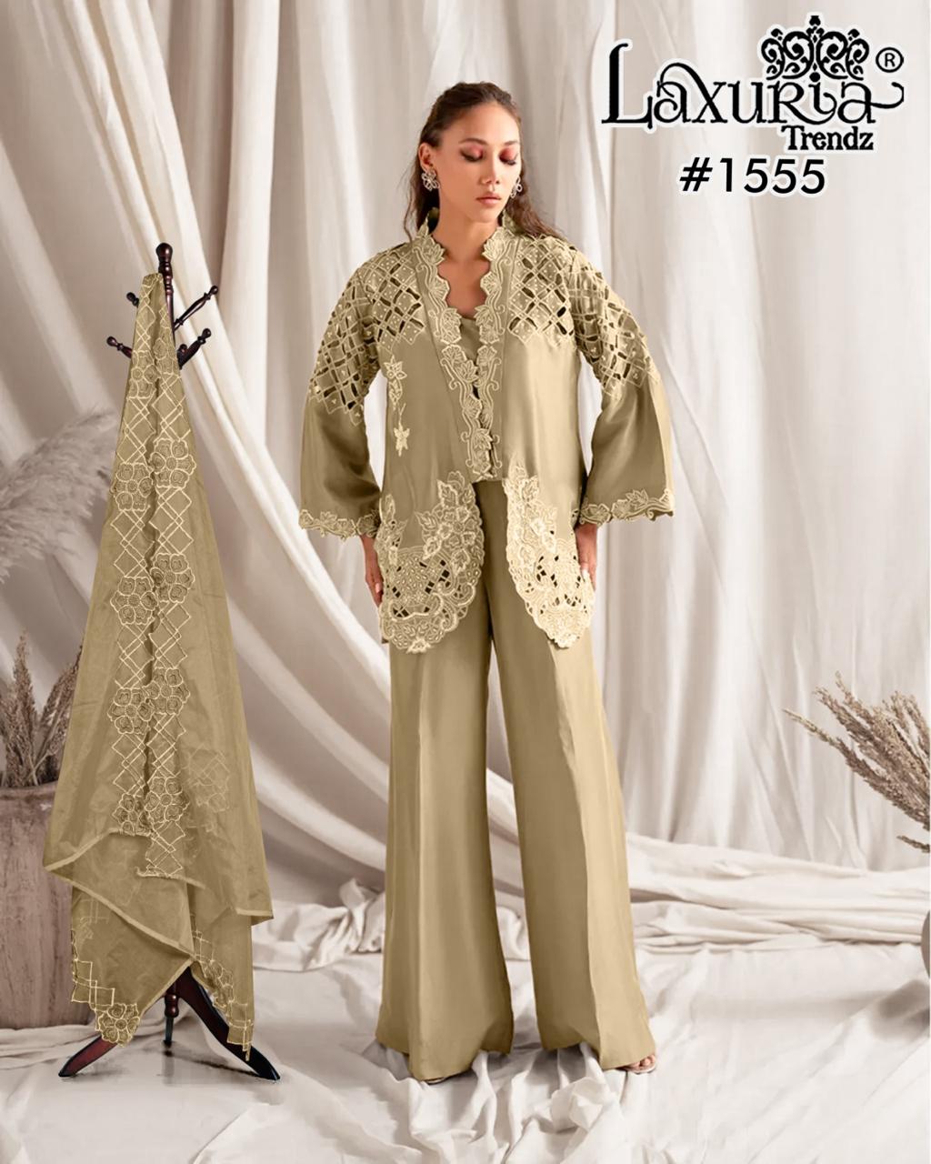 Design 1555 Laxuria Trendz Roman Simmer Pakistani Readymade Suits Supplier India