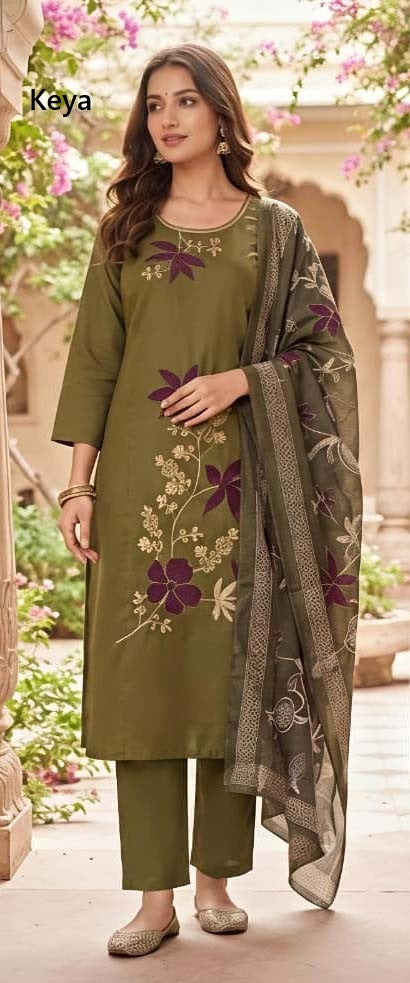 Design 156-162 Keya Roman Silk Readymade Pant Style Suits Supplier