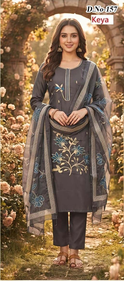 Design 156-162 Keya Roman Silk Readymade Pant Style Suits Supplier
