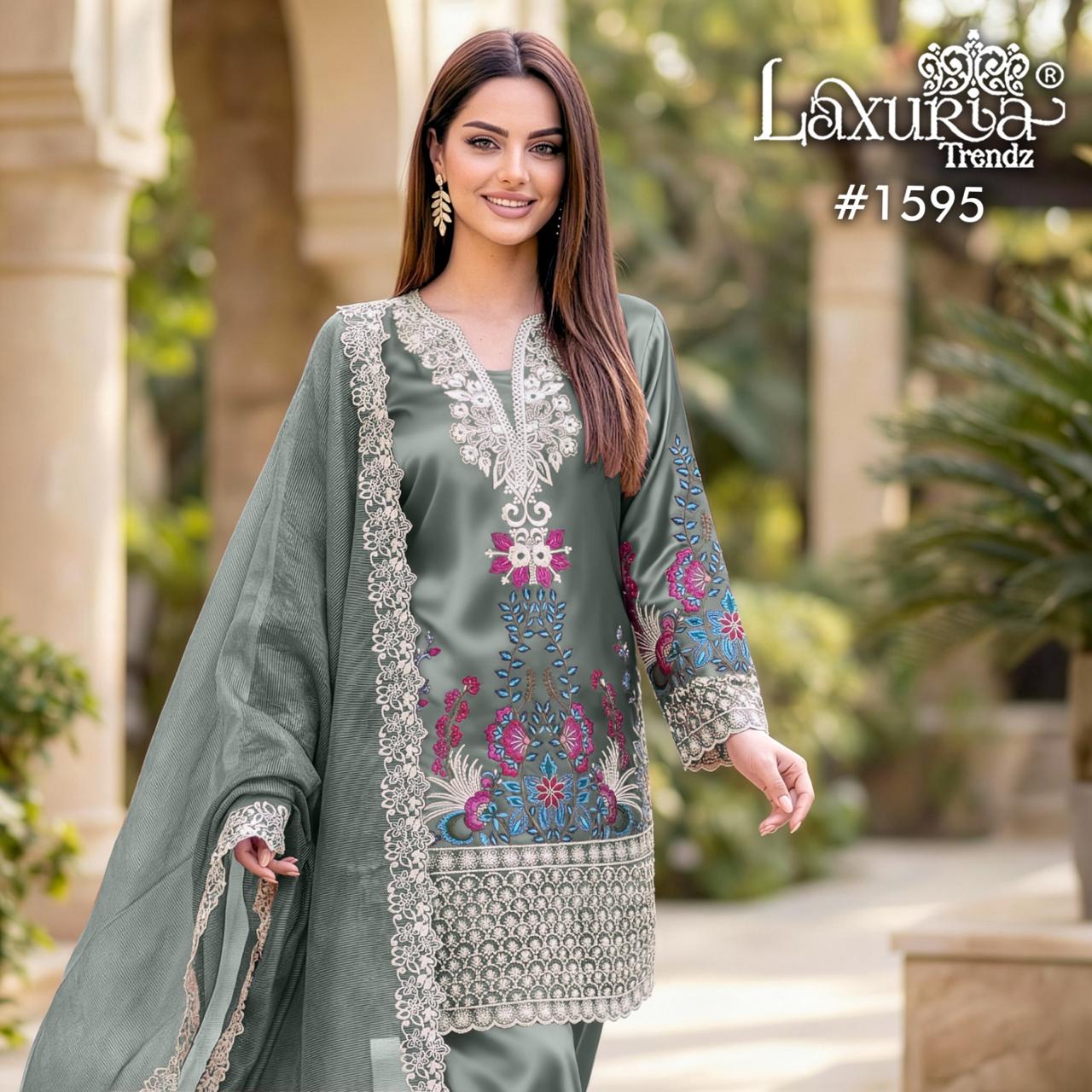 Design 1595 Laxuria Trendz Satin Pakistani Readymade Suits Wholesaler
