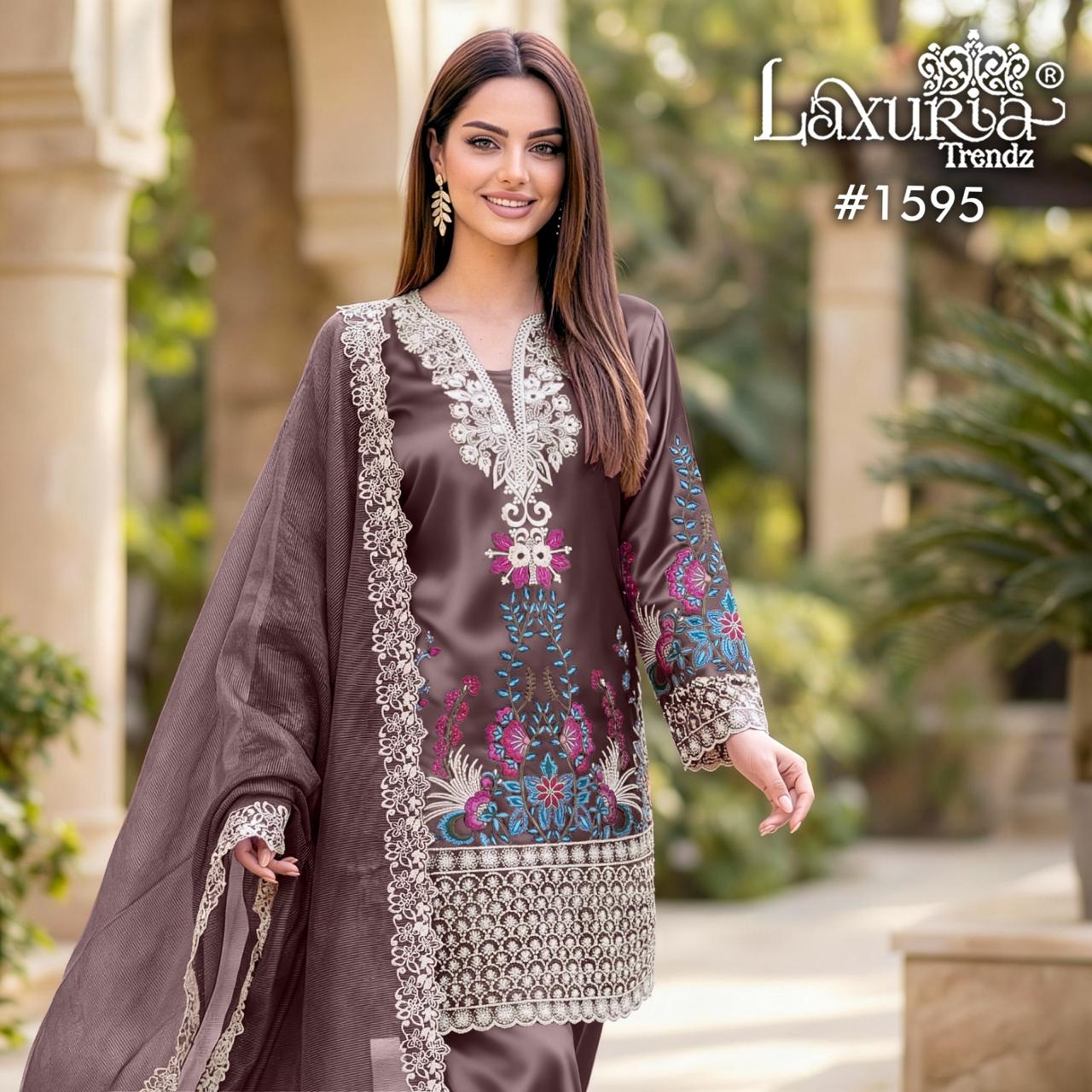 Design 1595 Laxuria Trendz Satin Pakistani Readymade Suits Wholesaler