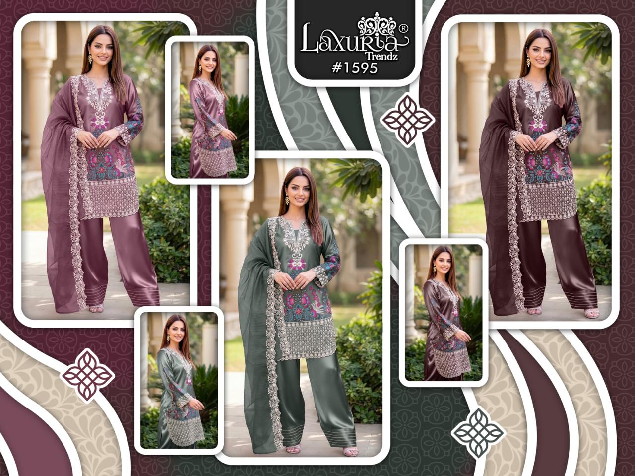 Design 1595 Laxuria Trendz Satin Pakistani Readymade Suits Wholesaler