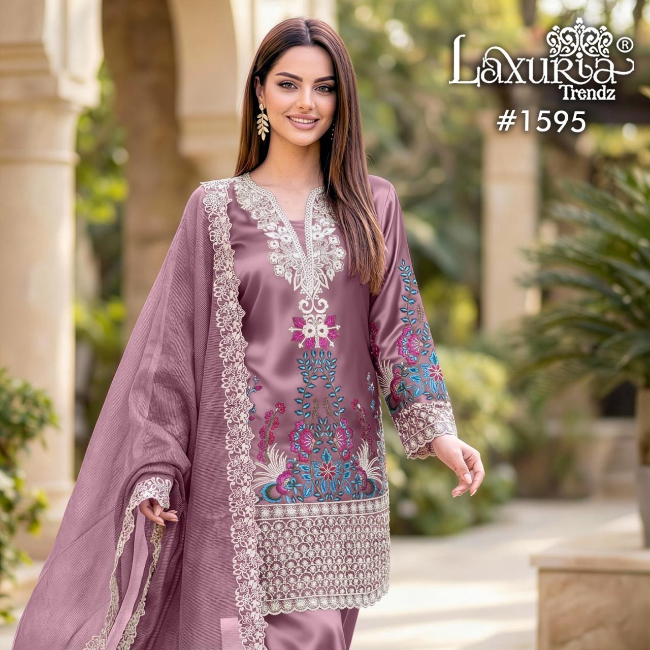 Design 1595 Laxuria Trendz Satin Pakistani Readymade Suits Wholesaler