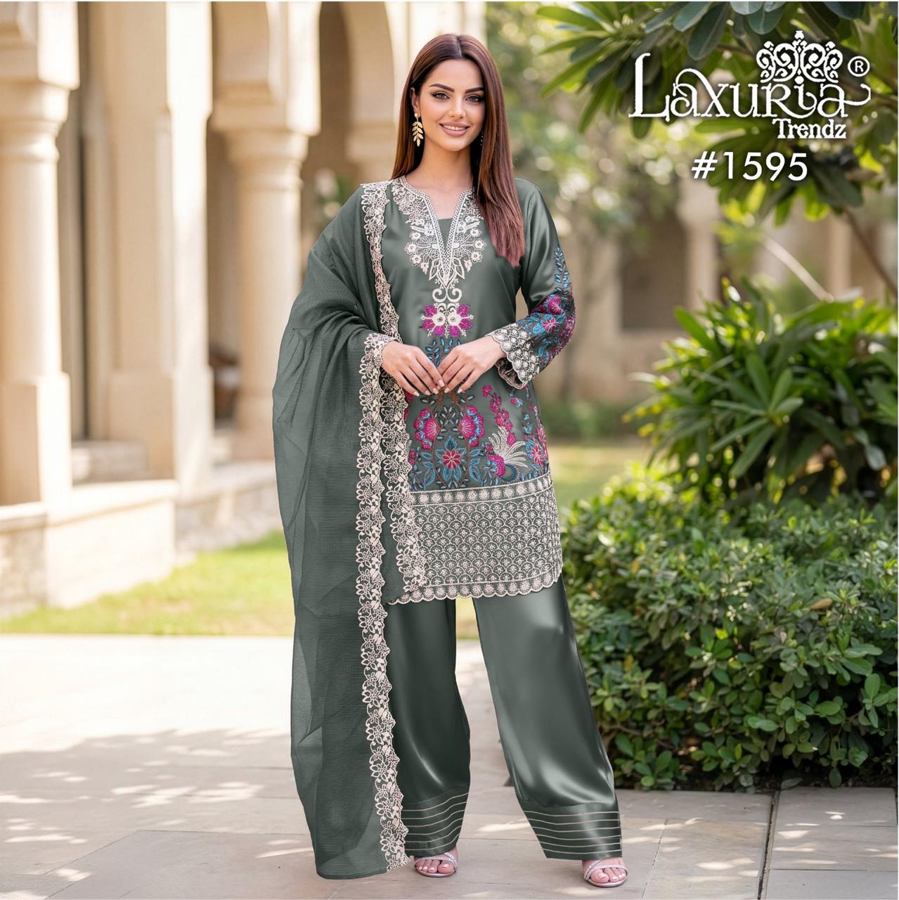 Design 1595 Laxuria Trendz Satin Pakistani Readymade Suits Wholesaler