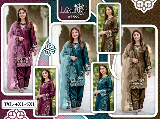 Design 1599 Plus Size Laxuria Trendz Satin Pakistani Readymade Suits Manufacturer Gujarat