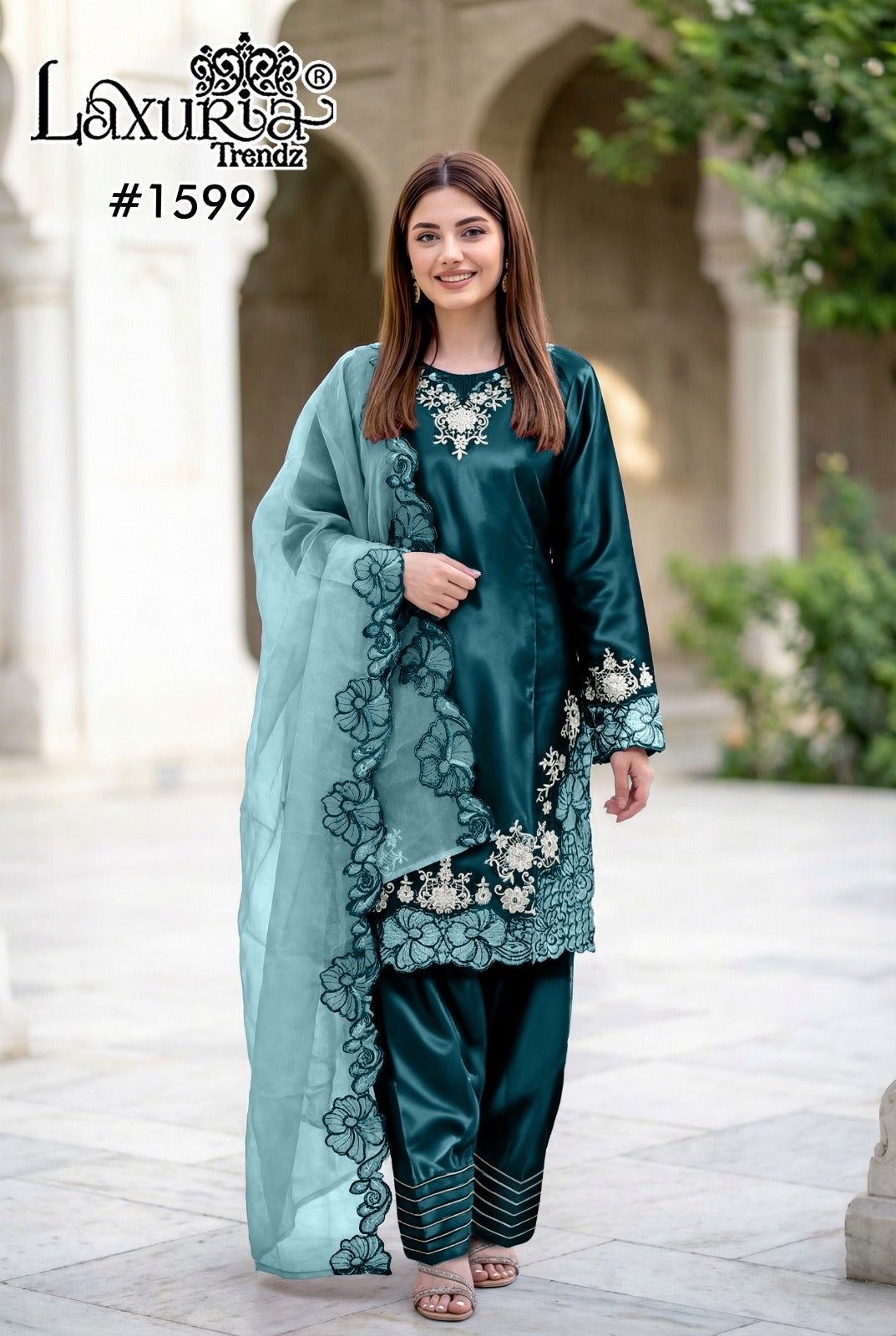 Design 1599 Plus Size Laxuria Trendz Satin Pakistani Readymade Suits Manufacturer Gujarat