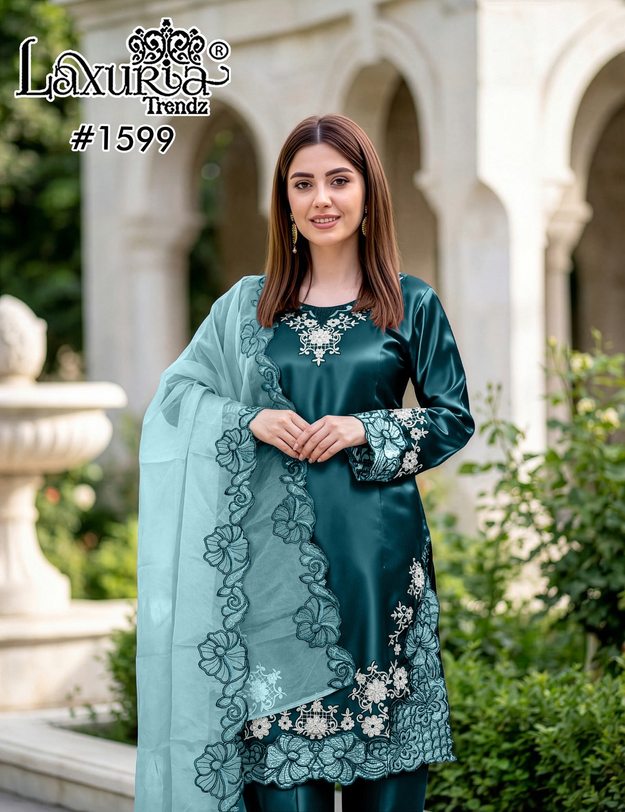 Design 1599 Plus Size Laxuria Trendz Satin Pakistani Readymade Suits Manufacturer Gujarat