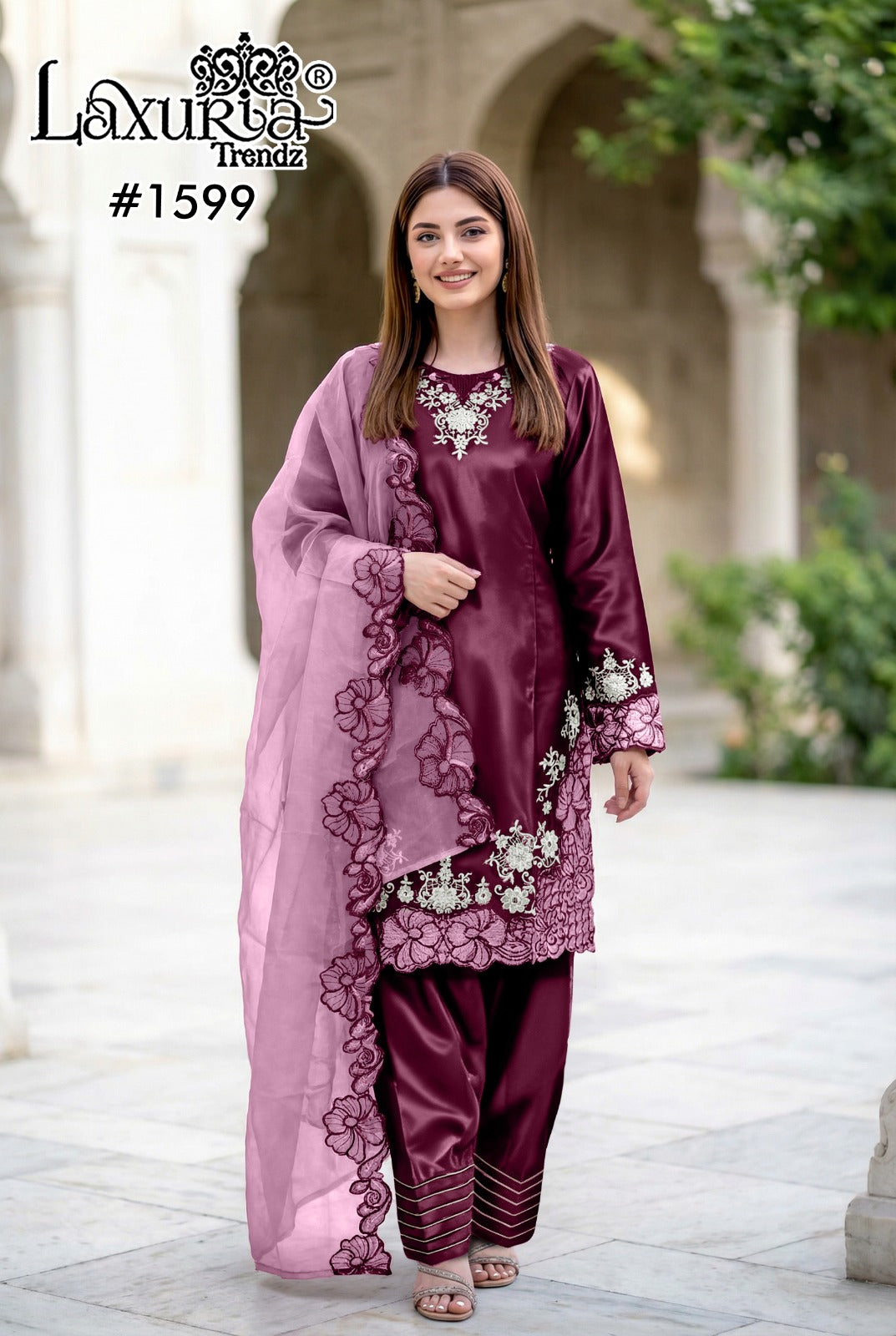 Design 1599 Plus Size Laxuria Trendz Satin Pakistani Readymade Suits Manufacturer Gujarat