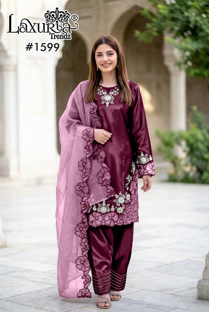 Design 1599 Plus Size Laxuria Trendz Satin Pakistani Readymade Suits Manufacturer Gujarat