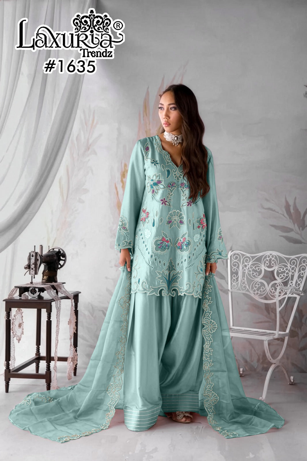 Design 1635 Laxuria Trendz Satin Pakistani Readymade Suits Wholesale Price