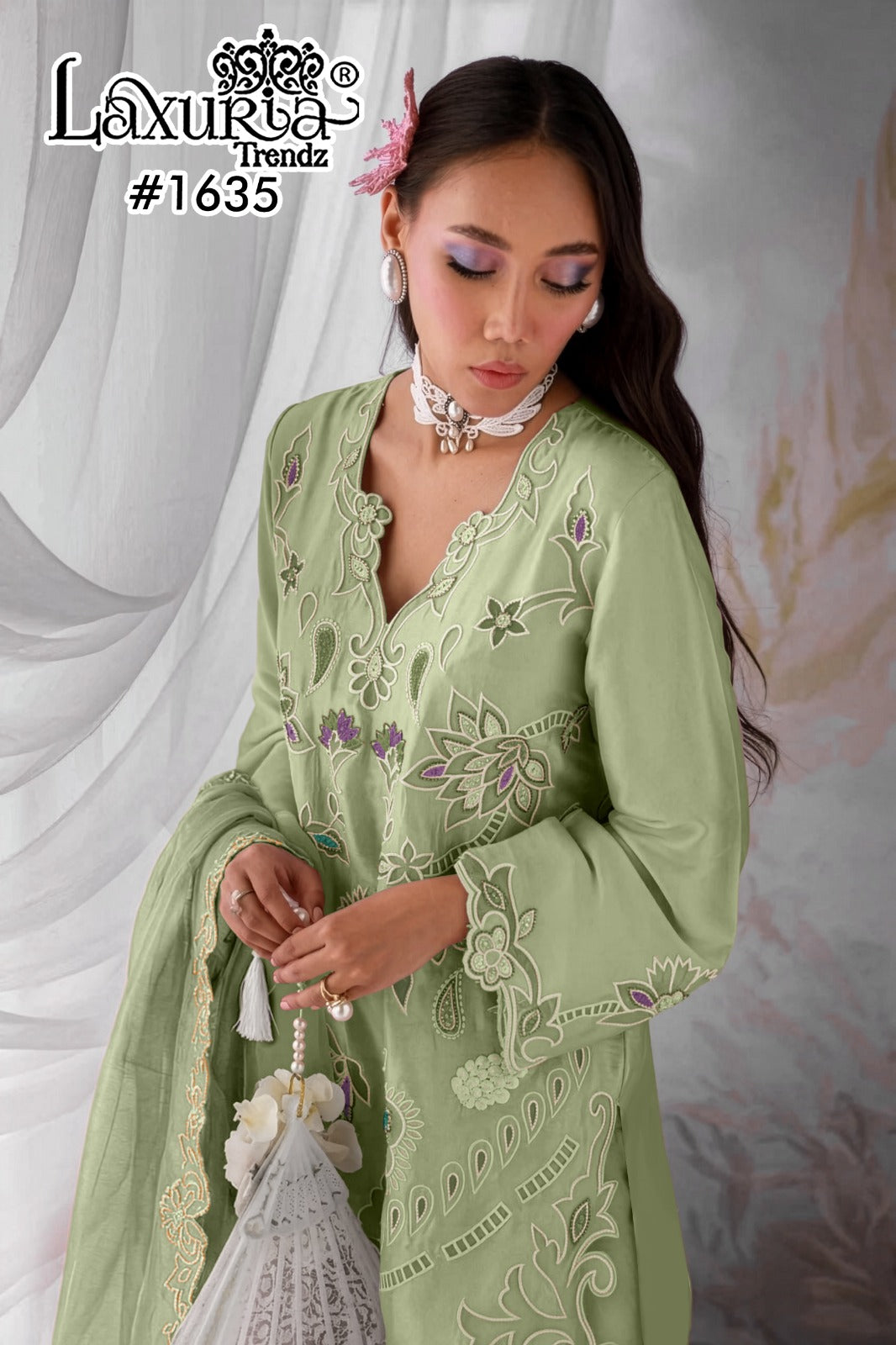 Design 1635 Laxuria Trendz Satin Pakistani Readymade Suits Wholesale Price