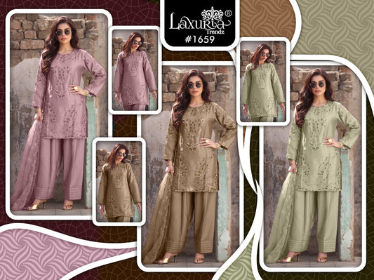 Design 1659 Laxuria Trendz Jam Satin Pakistani Readymade Suits Wholesale Price