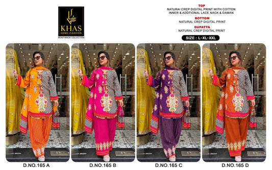 Design 165 Khas Natural Crape Pakistani Readymade Suits Wholesaler