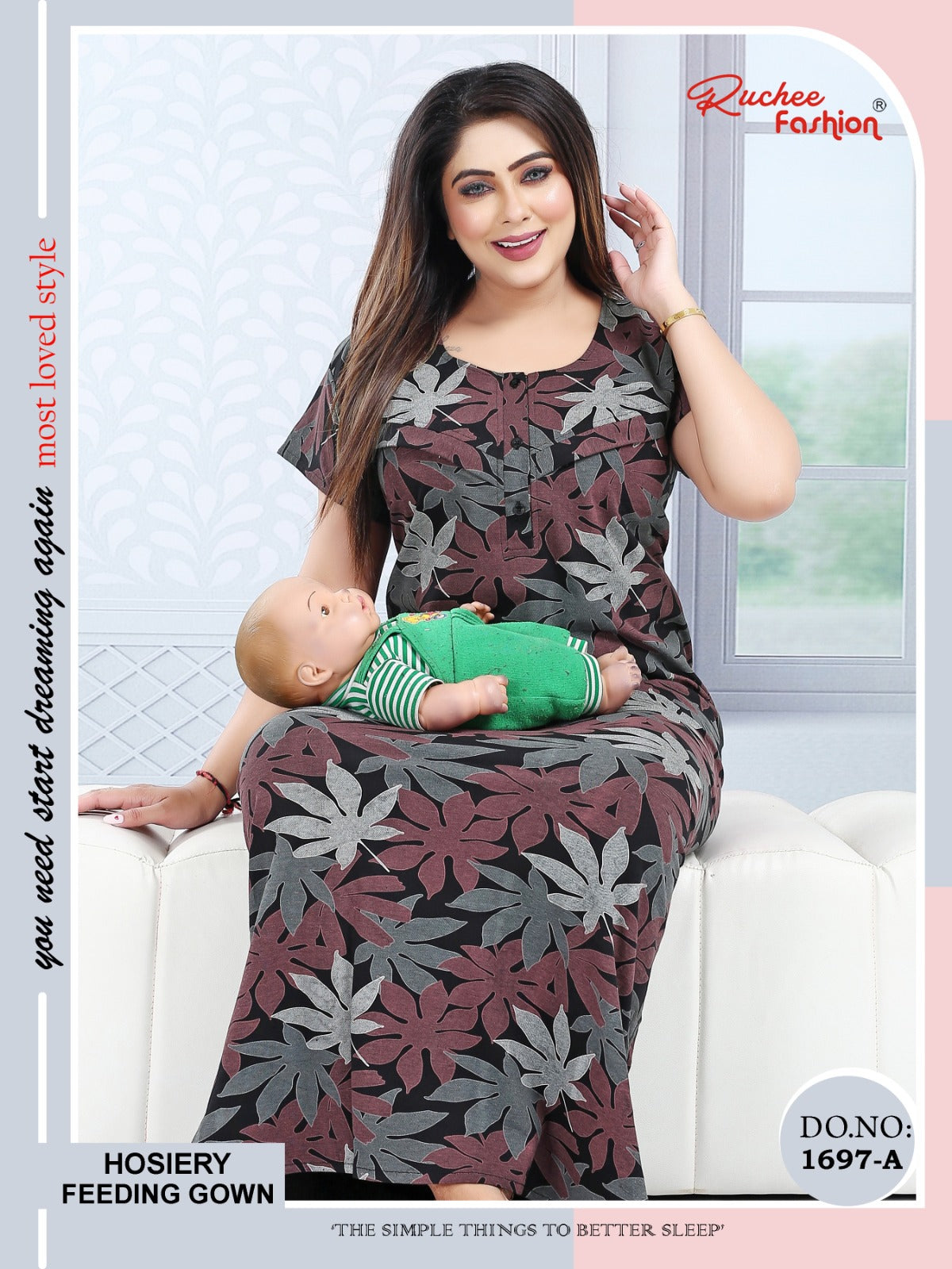 Design 1697 Ruchee Fashion Hosiery Feeding Night Gown Exporter India