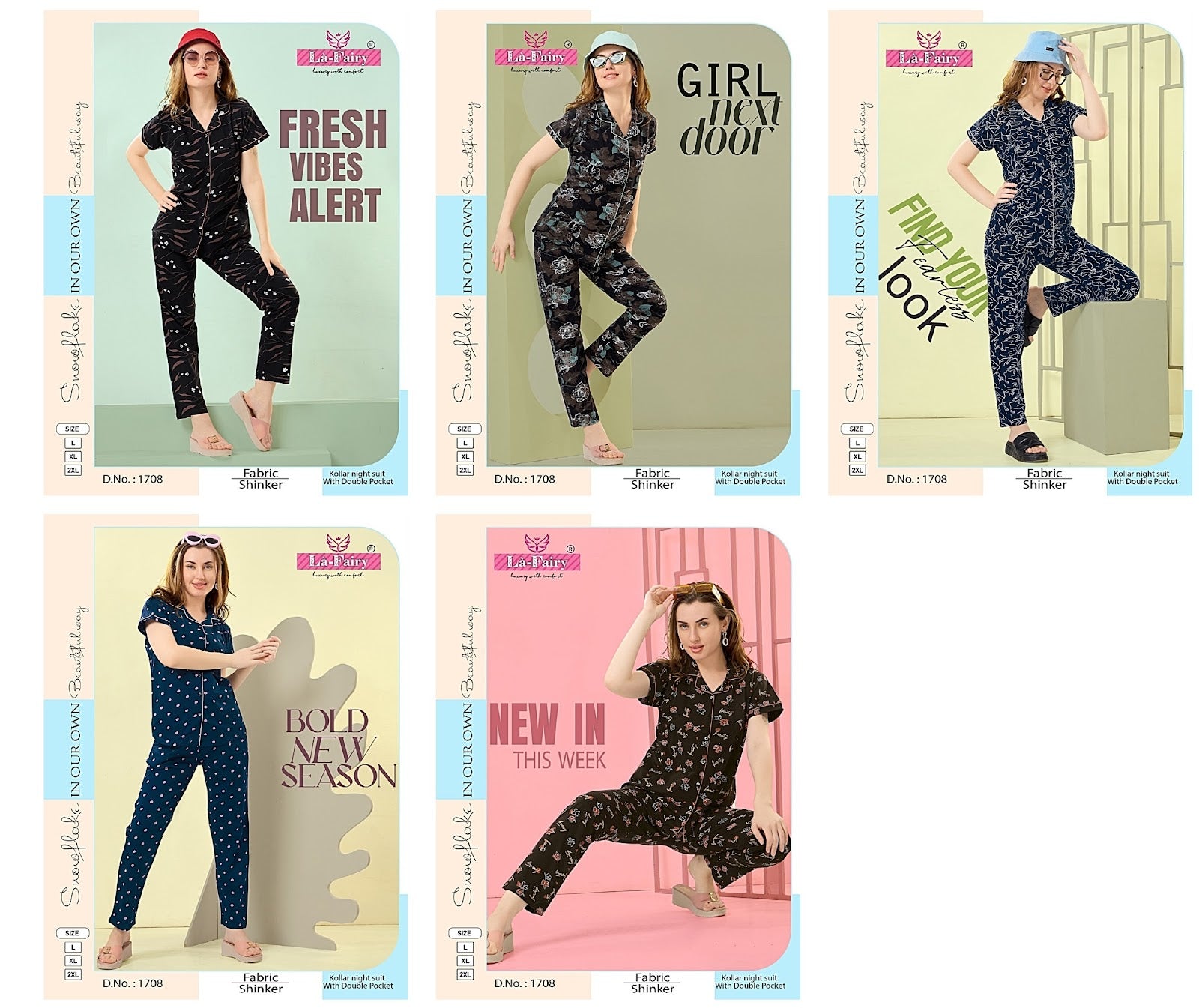 Design 1708 La Fairy Sinker Collar Night Suits Wholesale Price