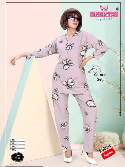 Design 1753 La Fairy Rayon 22Kg Co Ord Set Wholesaler India