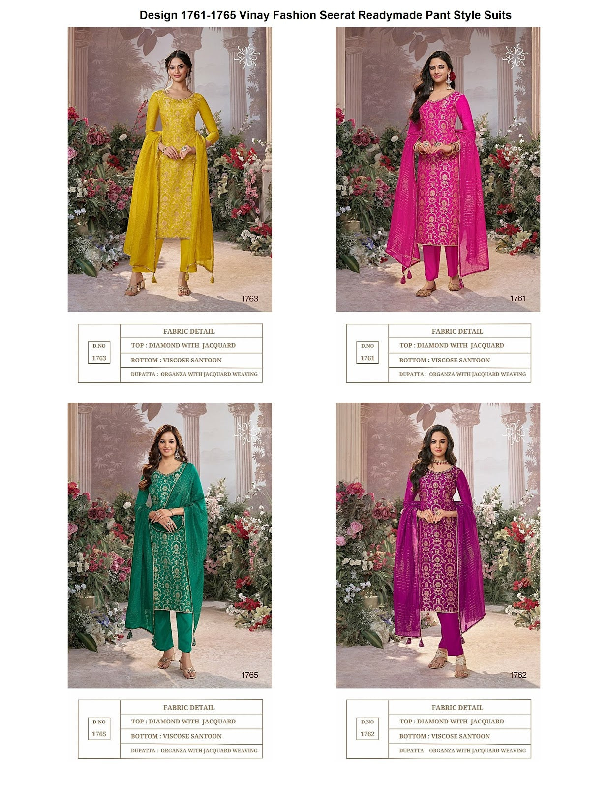 Design 1761-1765 Vinay Fashion Seerat Jacquard Readymade Pant Style Suits Exporter India