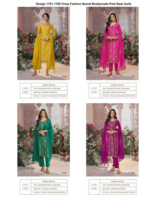 Design 1761-1765 Vinay Fashion Seerat Jacquard Readymade Pant Style Suits Exporter India