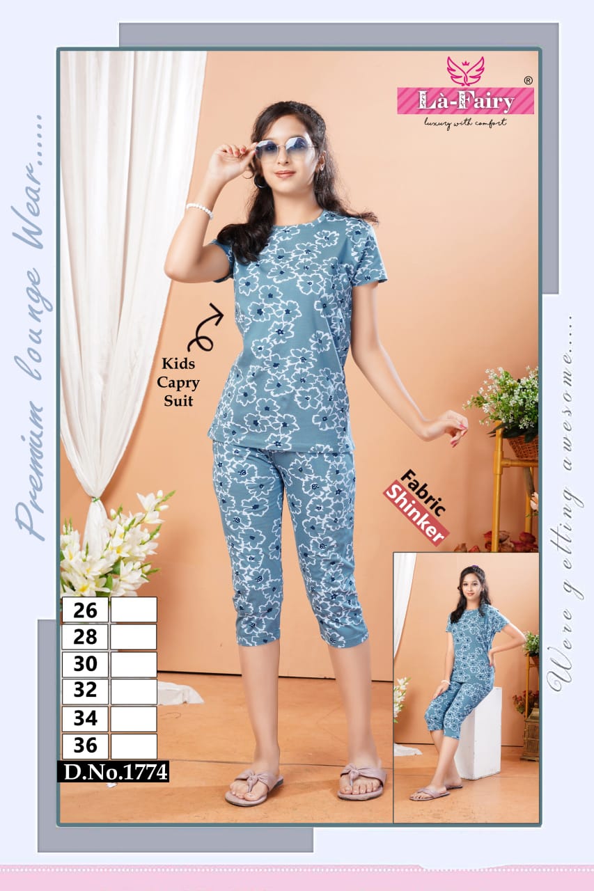 Design 1771-1780 La Fairy Hosiery Girls Capri Night Suits Manufacturer Gujarat