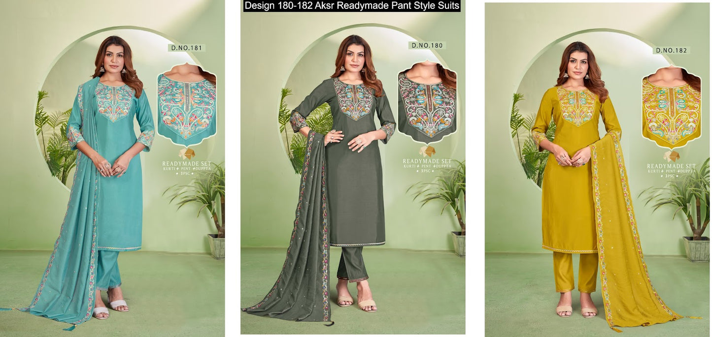Design 180-182 Aksr Roman Silk Readymade Pant Style Suits Wholesaler Ahmedabad