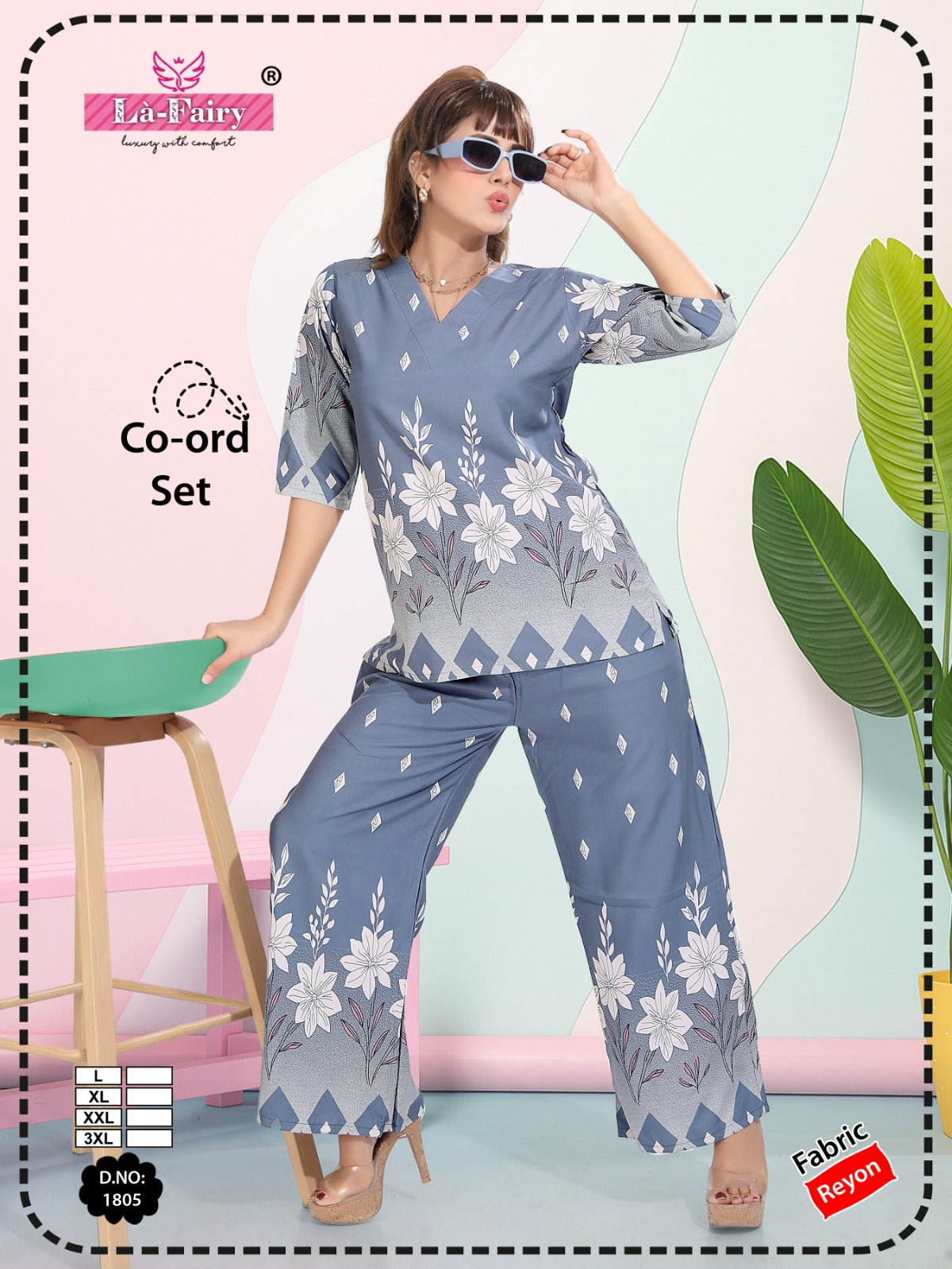 Design 1805 La Fairy Rayon 22Kg Co Ord Set Wholesaler India