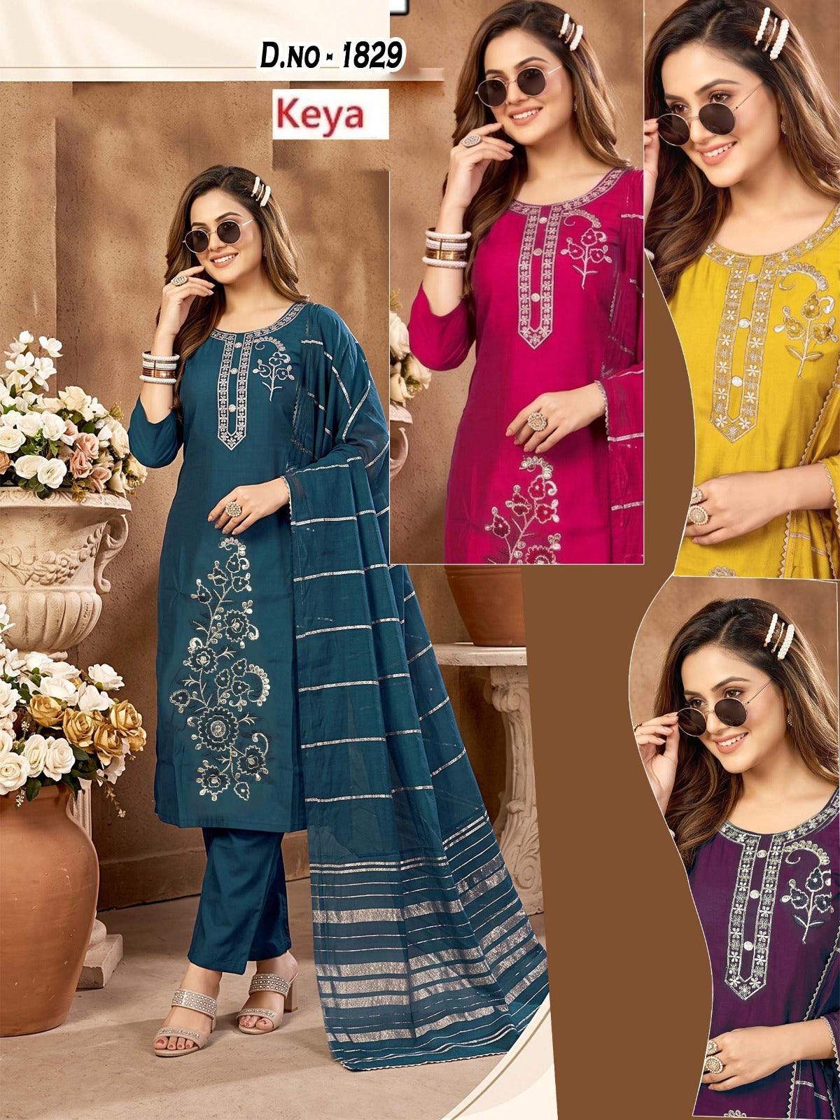 Design 1827-1829 Keya Roman Silk Readymade Pant Style Suits Wholesaler